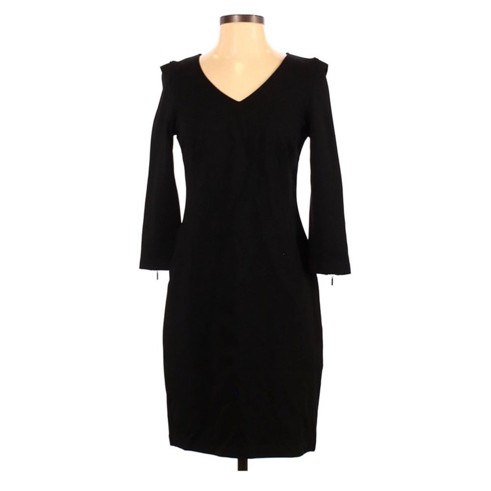 Kenar Black V-Neck Sheath Dress Zip Details 3/4 Sleeve size 4 Stretch Date Night
